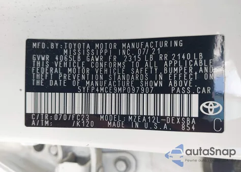 2021 Toyota Corolla Se из США, поврежденный, VIN 5YFP4MCE9MP097907